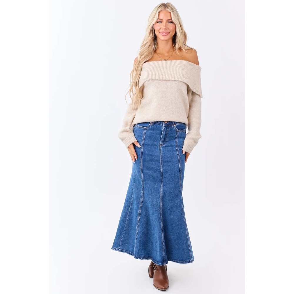 Nicholas Blue Denim Mermaid Midi Skirt Front Zip Flounce Hem Size 4 US 8 AUS